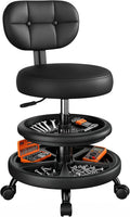 Upgrade Rolling Shop Stool with Wheels for Garage, Adjustable Height Heavy Duty Garage Stool with Double Storage Tray, Mechanic Stool Chair with