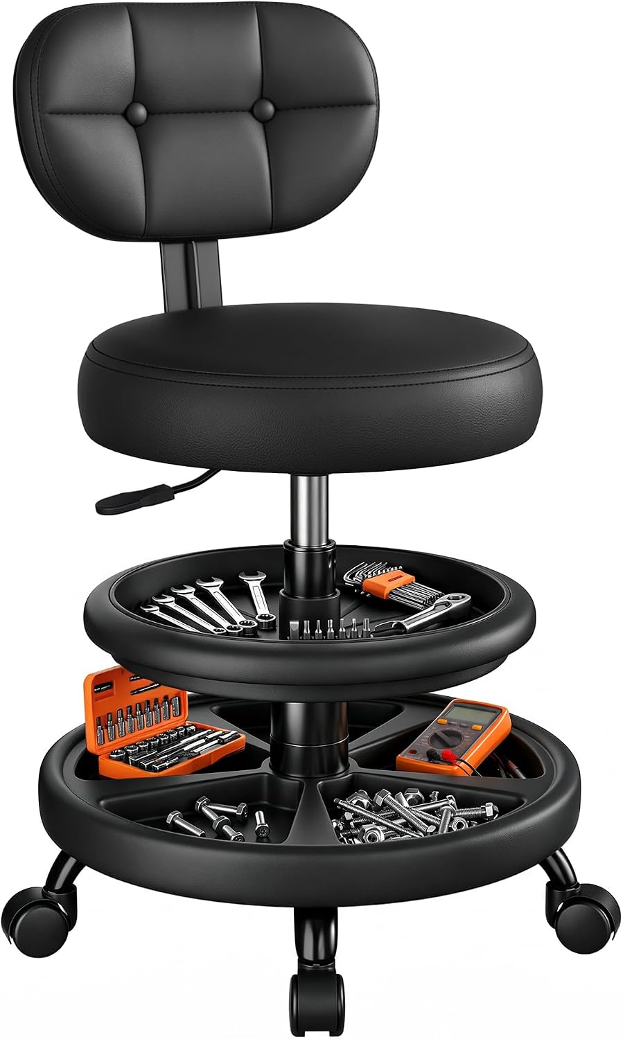 Upgrade Rolling Shop Stool with Wheels for Garage, Adjustable Height Heavy Duty Garage Stool with Double Storage Tray, Mechanic Stool Chair with