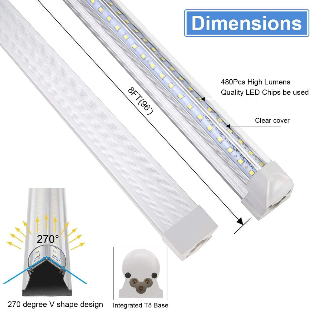 Henwsi 8FT LED Shop Light Fixture, White 10 Pack T8 Integrated Tube Lights, 72W 9500LM 6500K High Output Clear Cover, V Shape 270 Degree Lighting for