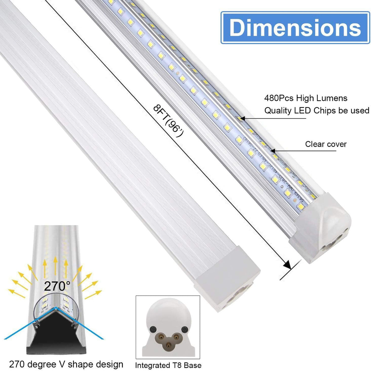 Henwsi 8FT LED Shop Light Fixture, White 10 Pack T8 Integrated Tube Lights, 72W 9500LM 6500K High Output Clear Cover, V Shape 270 Degree Lighting for