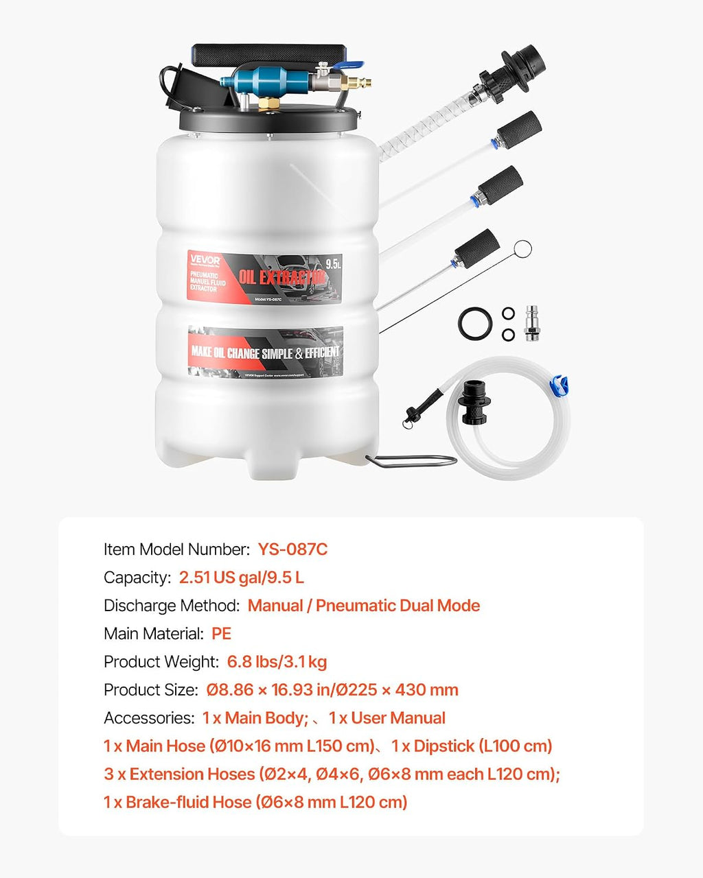 VEVOR Fluid Extractor, 9.5 L Capacity, Pneumatic/Manual Vacuum Oil Extractor Pump with 59 in Long Horse & Three 47 in Extension Tubes, Oil Change