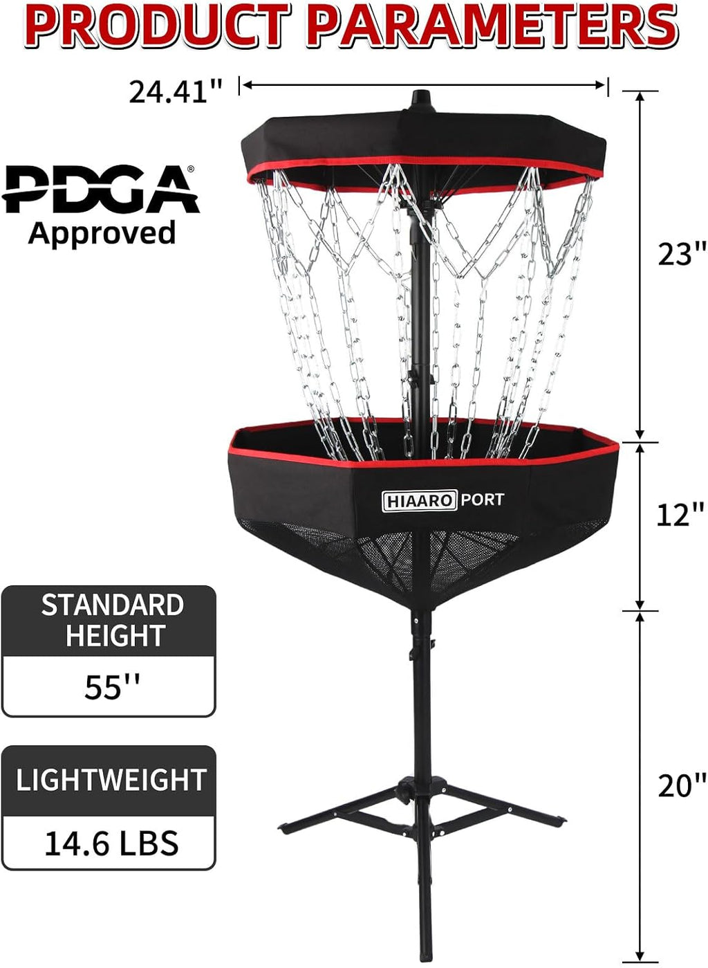 PDGA Approved - HIAARO Portable Disc Golf Basket with 16 Heavy Duty Chains, Foldable Disc Golf Target with Carry Bag for Practice