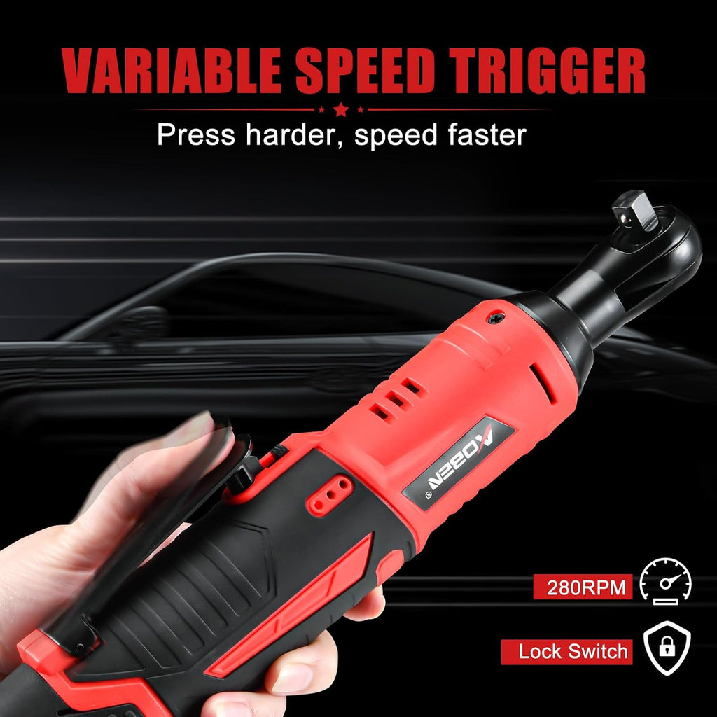 AOBEN Cordless Ratchet Wrench Kit,3/8" ratchet,40 Ft-lbs Electric Power Ratchet Set with Variable Speed Trigger,2 Packs 2000mAh Lithium-Ion Battery