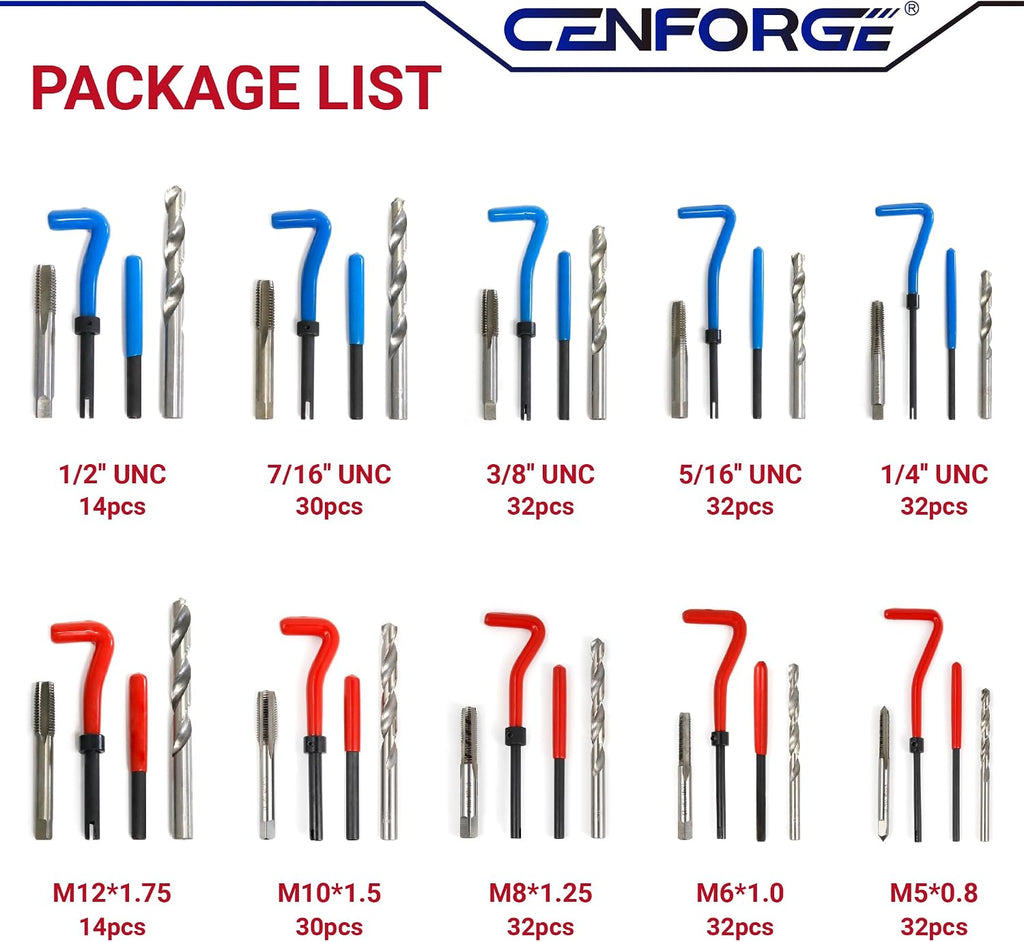 Helicoil Thread Repair Tool Kit 320-Piece: SAE (1/4"-1/2") & Metric (M5-M12) | Includes HSS Drill Bits, Taps, 304SS Inserts & Break-Off Tools