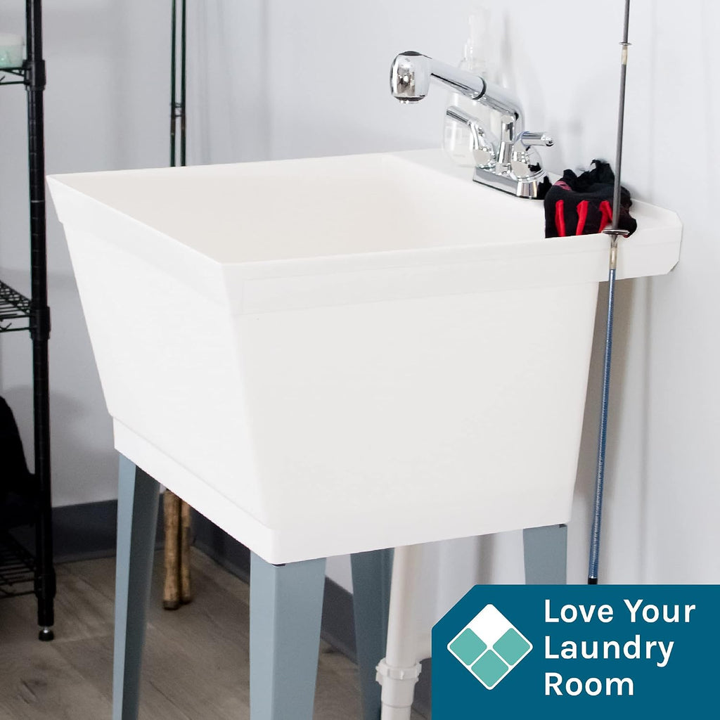 White Utility Sink Laundry Tub With Pull Out Chrome Faucet, Sprayer Spout, Heavy Duty Slop Sinks For Washing Room, Basement, Garage or Shop, Large