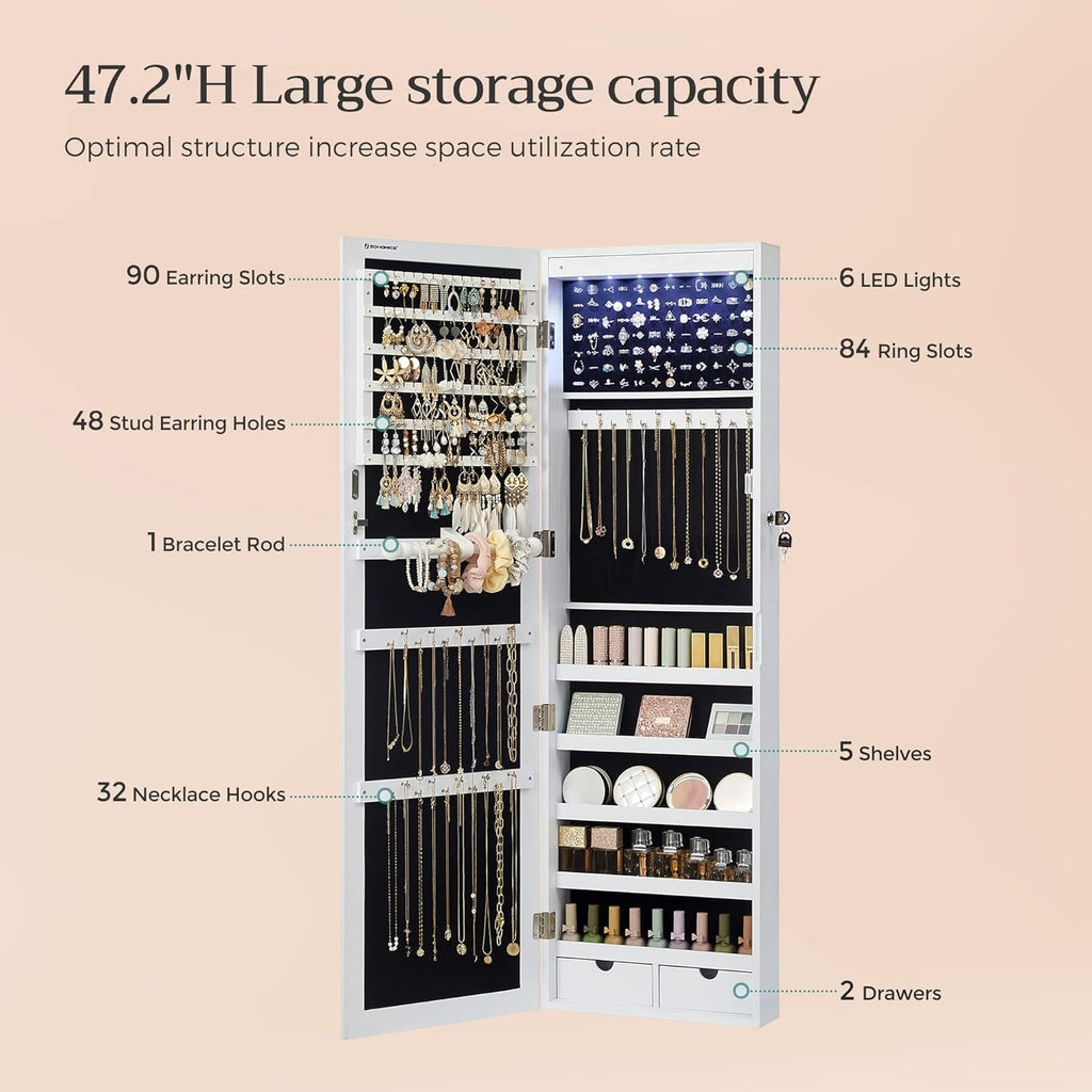 SONGMICS 6 LEDs Mirror Jewelry Cabinet, 47.2-Inch Tall Lockable Wall or Door Mounted Jewelry Armoire Organizer with Mirror, 2 Drawers, 3.9 x 14.6 x