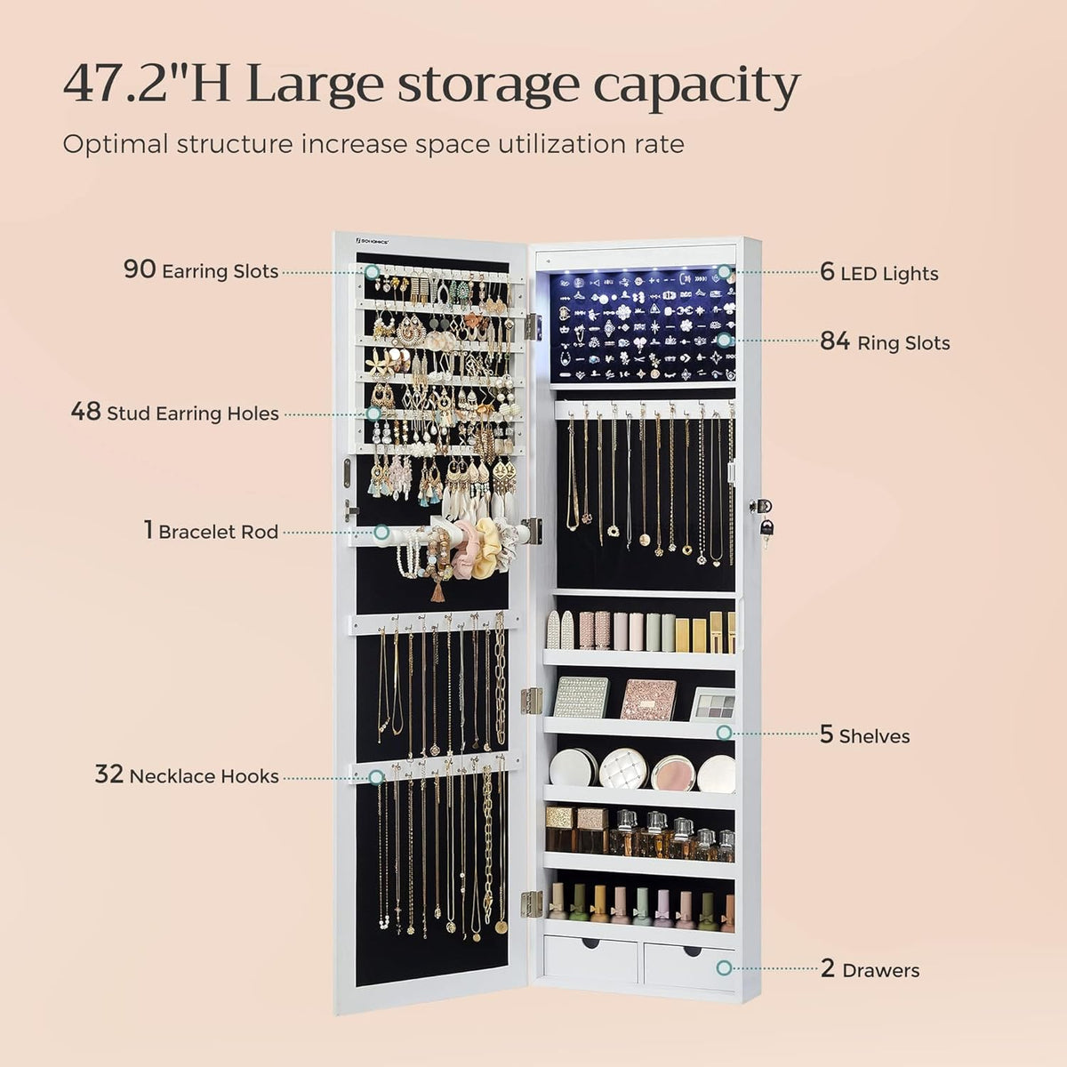 SONGMICS 6 LEDs Mirror Jewelry Cabinet, 47.2-Inch Tall Lockable Wall or Door Mounted Jewelry Armoire Organizer with Mirror, 2 Drawers, 3.9 x 14.6 x