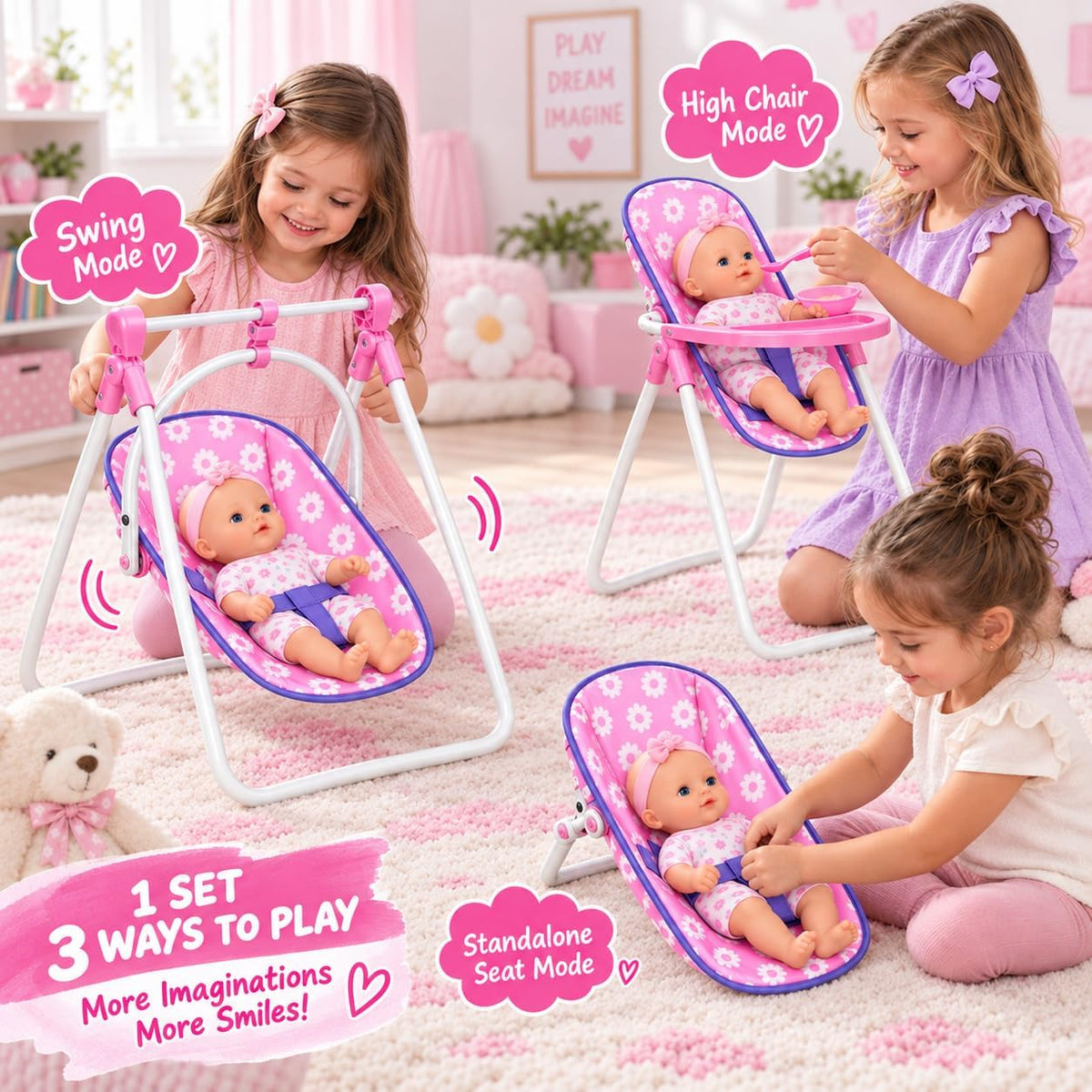 fash n kolor Baby Doll Stroller & Nursery Playset for 18 Inch Dolls – Convertible High Chair, Swing & Bed Doll Furniture Set with Diaper Bag