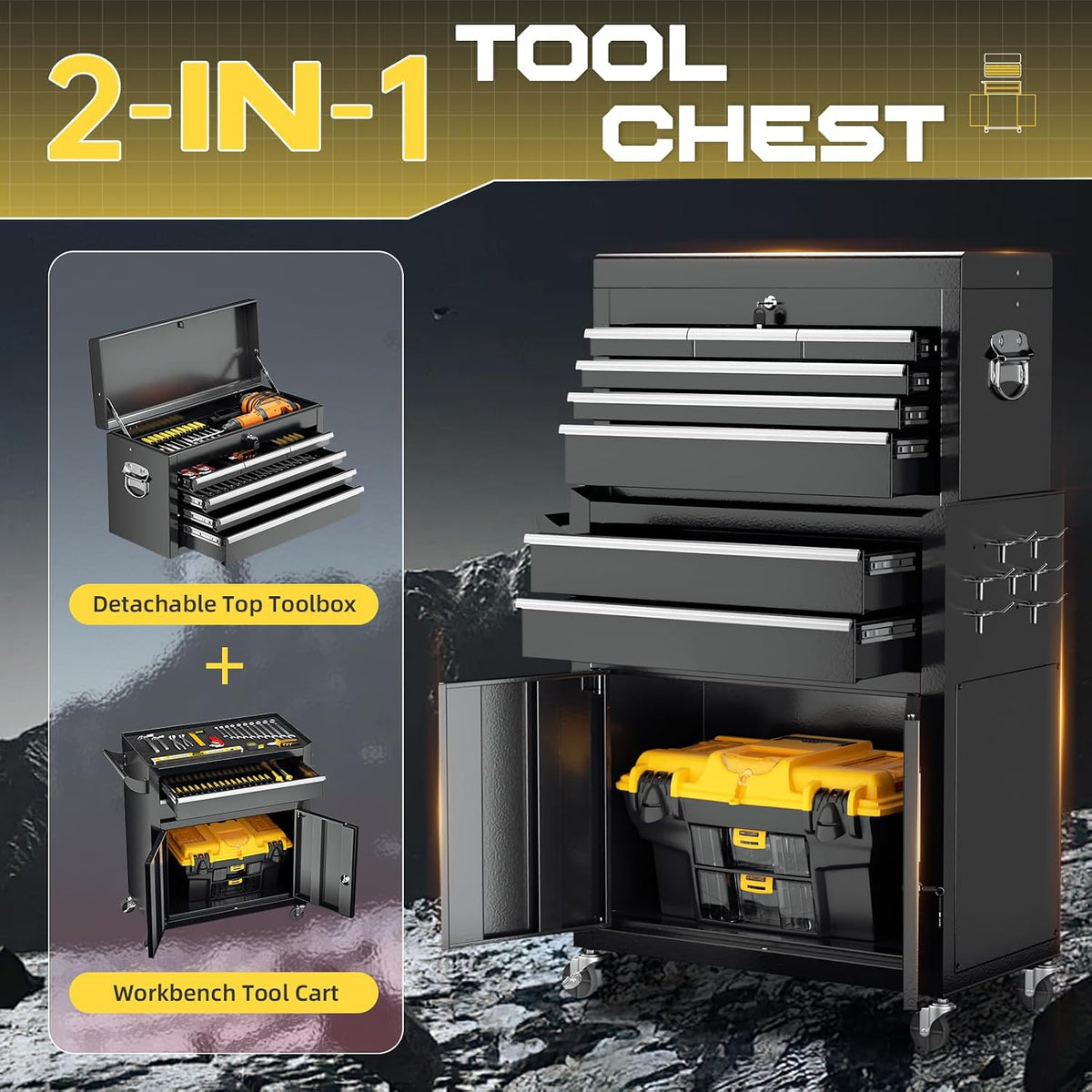 8-Drawer Rolling Tool Chest with Lock, Detachable Tool Cabinet Cart with Wheels, High-Capacity Mechanic Tool Storage for Garage Workshop Warehouse