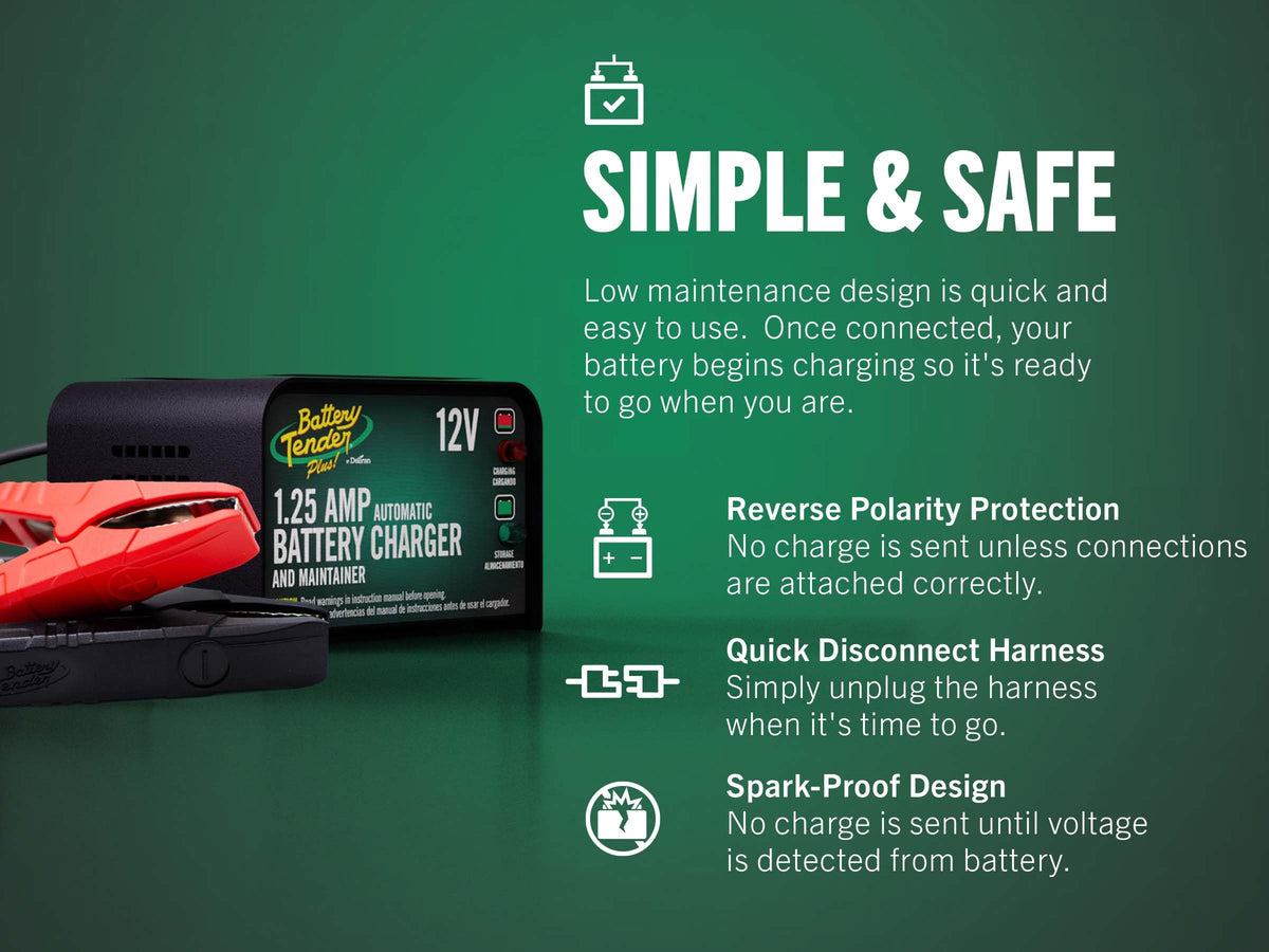 Battery Tender Plus 12V 1.25 AMP Car & Motorcycle Battery Charger and Maintainer, Float Charge for Automotive, and ATVs - Smarter Than a Trickle