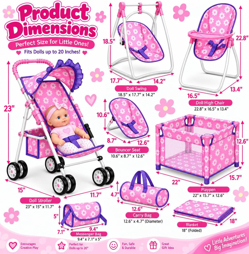 fash n kolor Baby Doll Stroller & Nursery Playset for 18 Inch Dolls – Convertible High Chair, Swing & Bed Doll Furniture Set with Diaper Bag