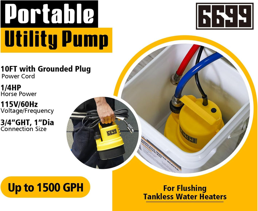 Tankless Water Heater Cleaning Kit, 1/4HP Pump, 2 Hoses, Pail, Cleaner