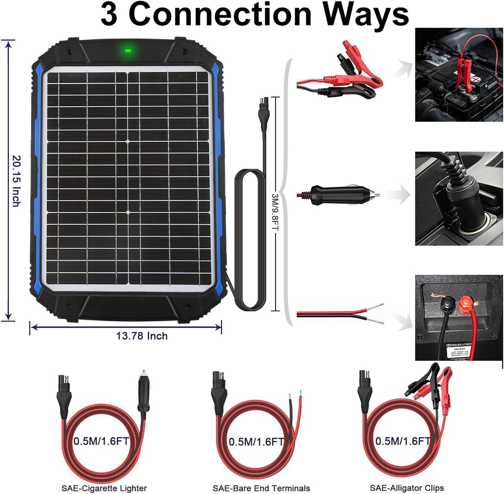 SUNER POWER 20W 12V Solar Panel Battery Trickle Charger Maintainer Pro