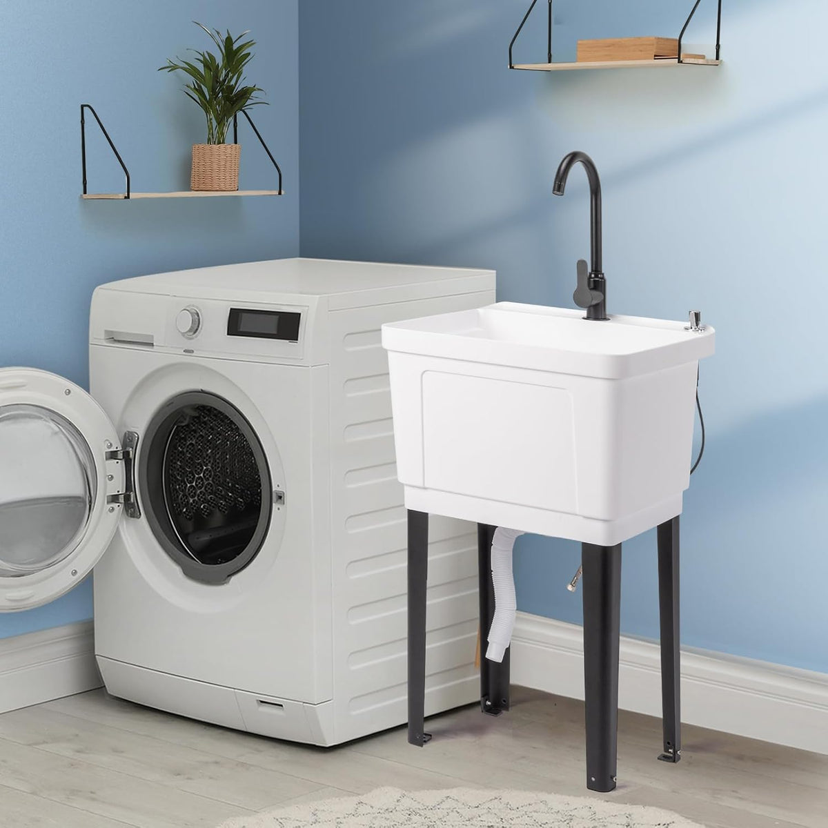 VINGLI 13-Gallon Utility Sink Laundry Tub for Washing Room, Freestanding Utility Sink with Stainless Steel Faucet, (White, 19.7"W x 18.9"D x 33"H)