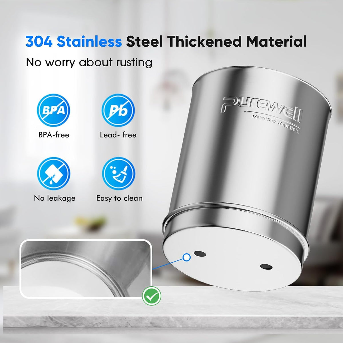 Purewell 2.25G Gravity Water Filter System with Water Level Window, 3-Stage 0.01μm Ultra-Filtration Stainless Steel Countertop System with 2 Filters