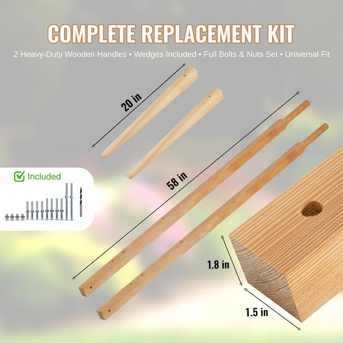 Wheelbarrow Handles Replacement Kit – 2 Heavy-Duty Wooden Handles – Universal Fit – Includes Bolts, Nuts, Wedges and Drill Bit – FSC-Certified Eco