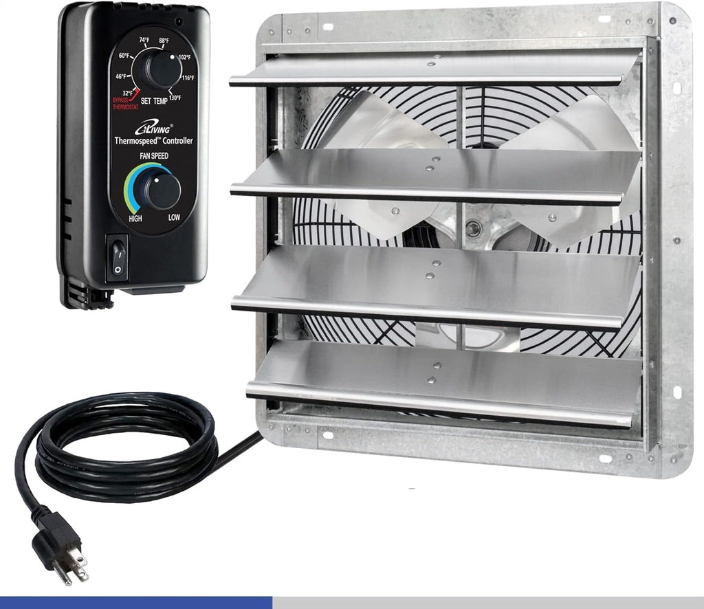 iLIVING 16" Wall Mounted Shutter Exhaust Fan, Automatic Shutter, with Thermostat and Variable Speed controller, 0.85A, 1200 CFM, 1800 SQF Coverage