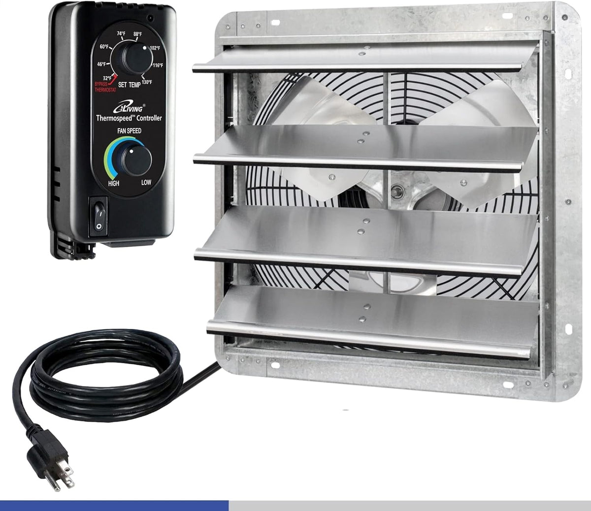 iLIVING 16" Wall Mounted Shutter Exhaust Fan, Automatic Shutter, with Thermostat and Variable Speed controller, 0.85A, 1200 CFM, 1800 SQF Coverage