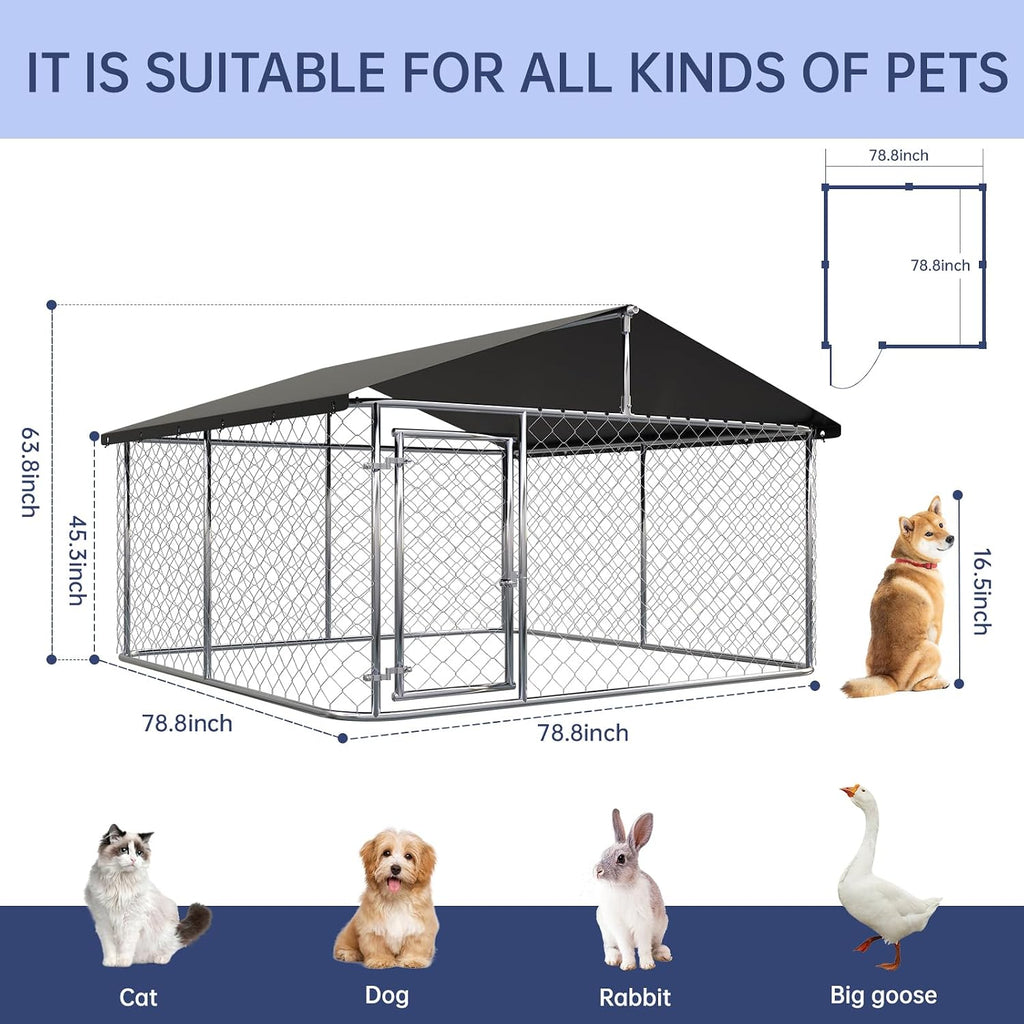 Petony Large Outdoor Dog Enclosure,Heavy Duty Dog Kennel with Roof,Galvanized Steel Dog Cage Fence with Double Safety Locks(79" L x 79" W x 65" H)