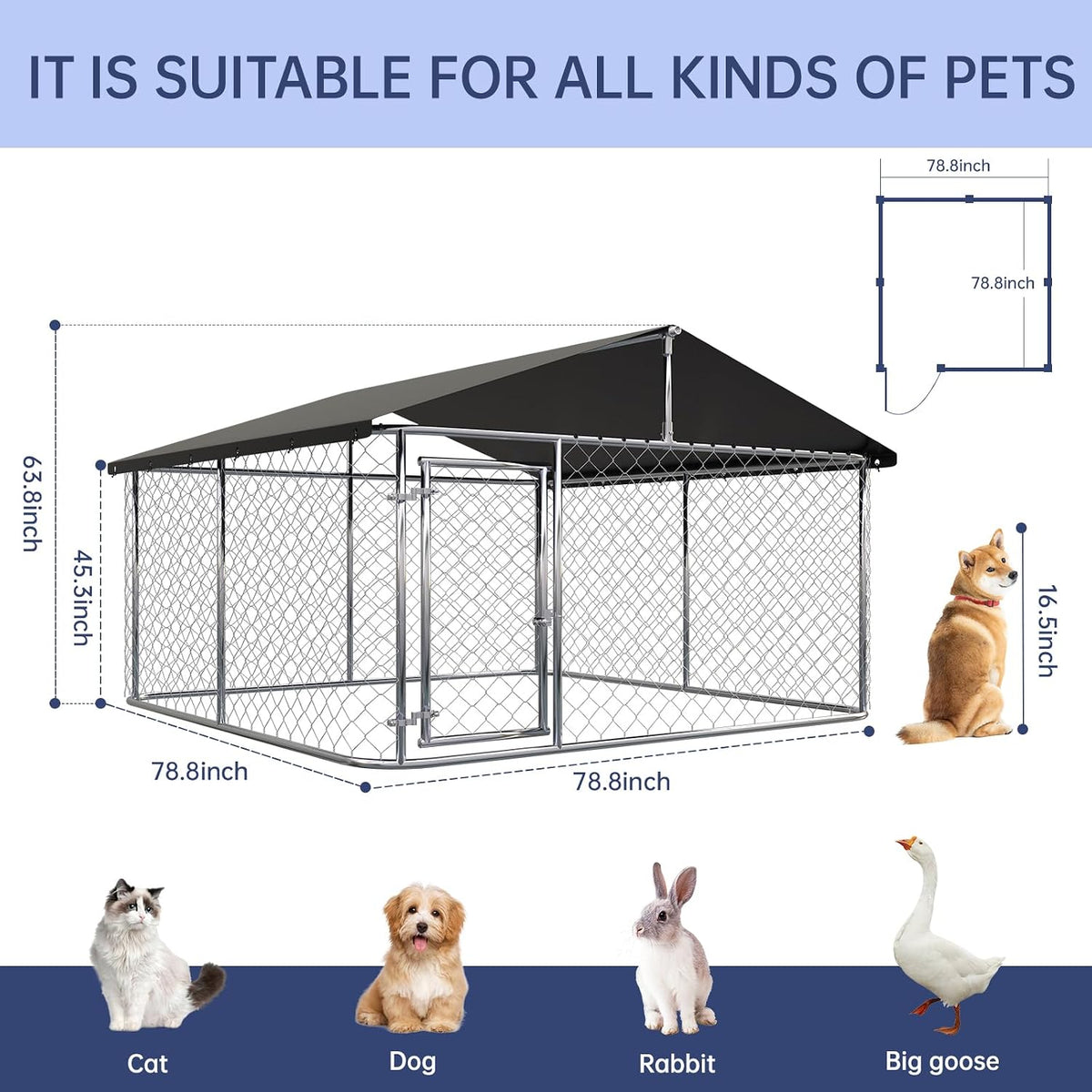 Petony Large Outdoor Dog Enclosure,Heavy Duty Dog Kennel with Roof,Galvanized Steel Dog Cage Fence with Double Safety Locks(79" L x 79" W x 65" H)