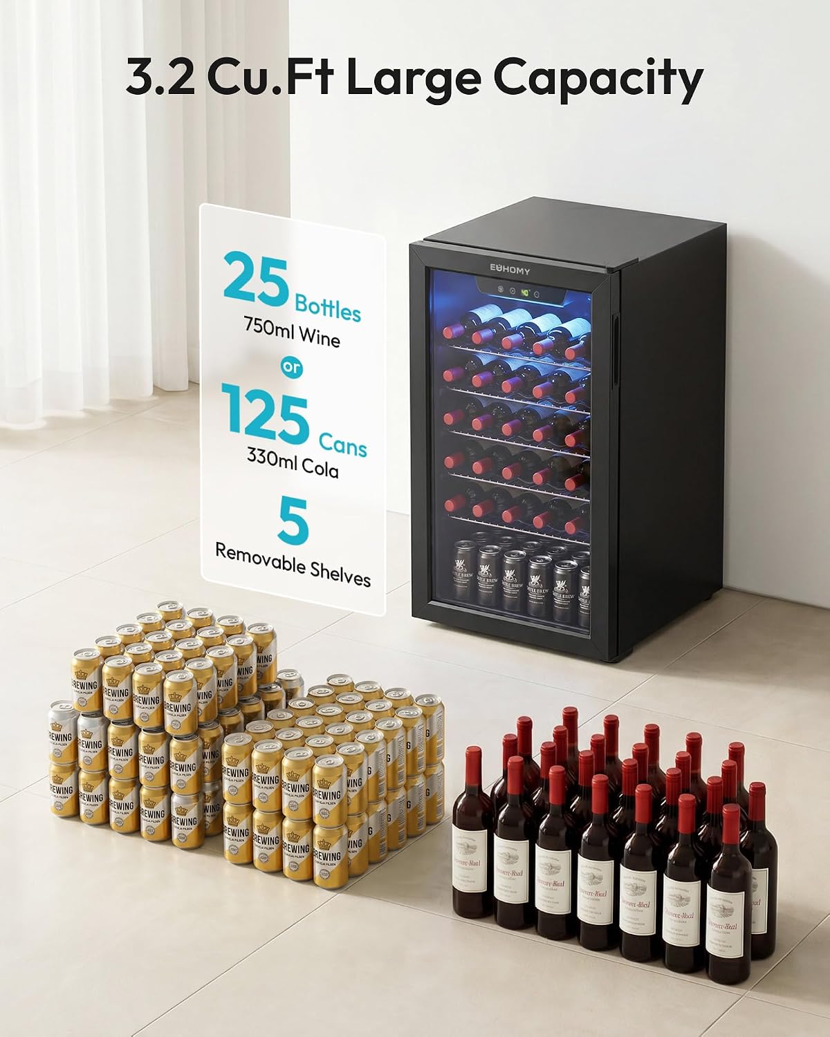 EUHOMY 125 Can Wine Cooler Refrigerator, Wine Fridge Glass Door, Black