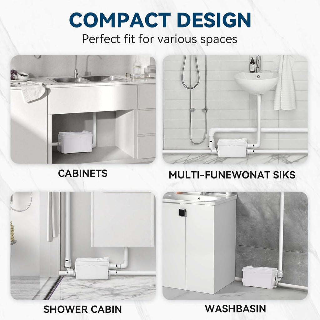 600W Utility Sink Pump with PCB Function Upgrade Structure Upflush to 25FT 1700GPH Under Sink Pump with 3 Water Inlets 1 Outlet Macerating Toilet