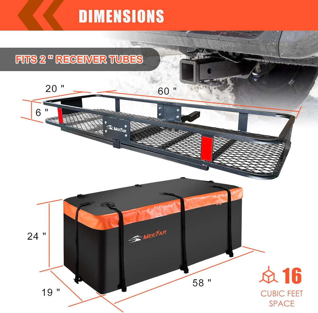 Hitch Mount Cargo Carrier Rack Basket 60"*20"*6"+Waterproof Bag 16 Cu.Ft.