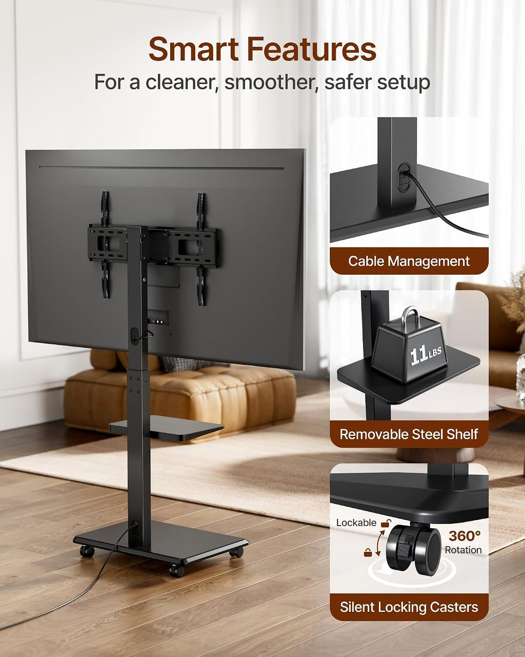 Steel Base Rolling TV Stand for 32-75 inch TVs up to 110 lbs, Black