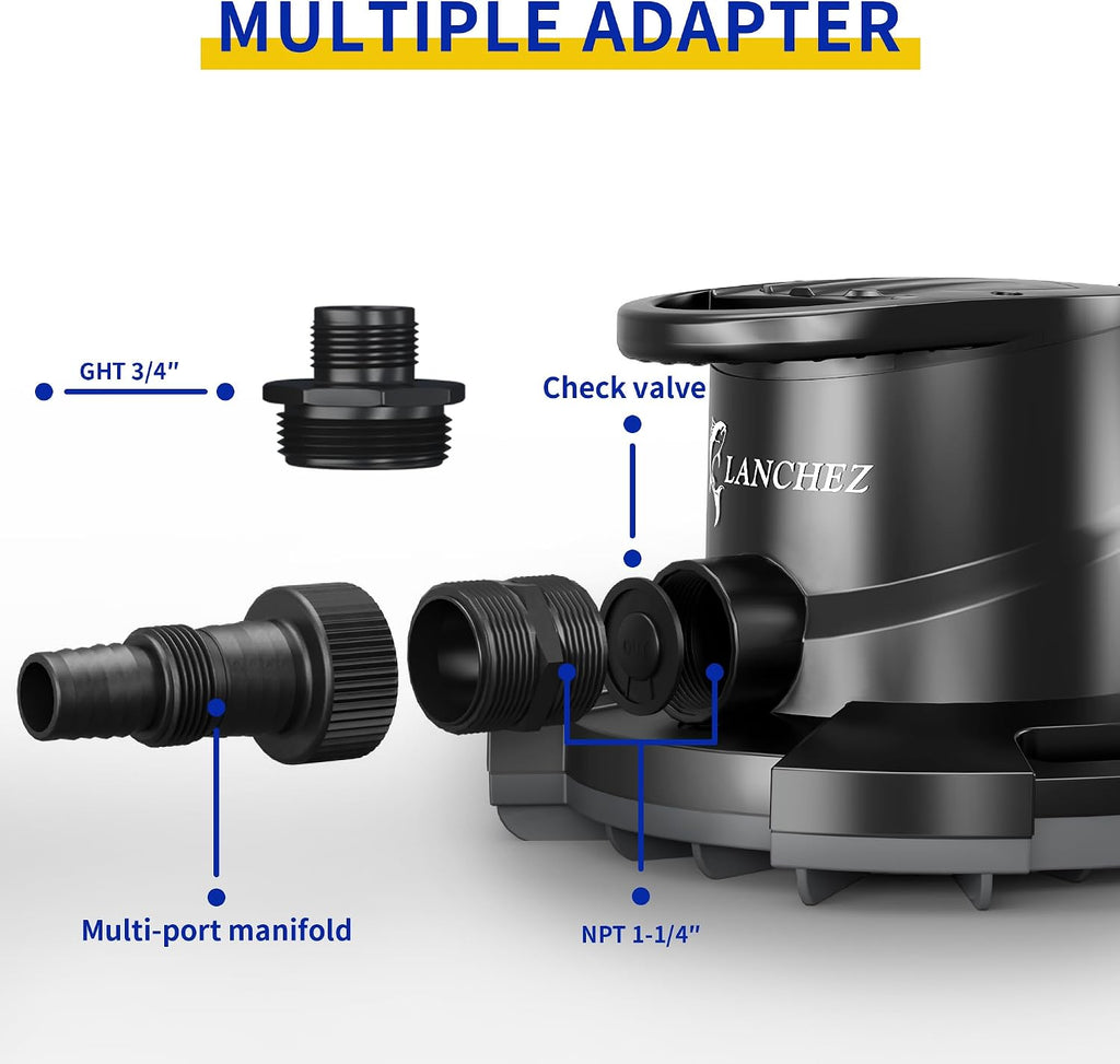 LANCHEZ 1/2HP Automatic Swimming Pool Cover Pump, 2250GPH Submersible Water Sump Pump with Check Valve & 3 Adapters, 25ft Power Cord, Removal for