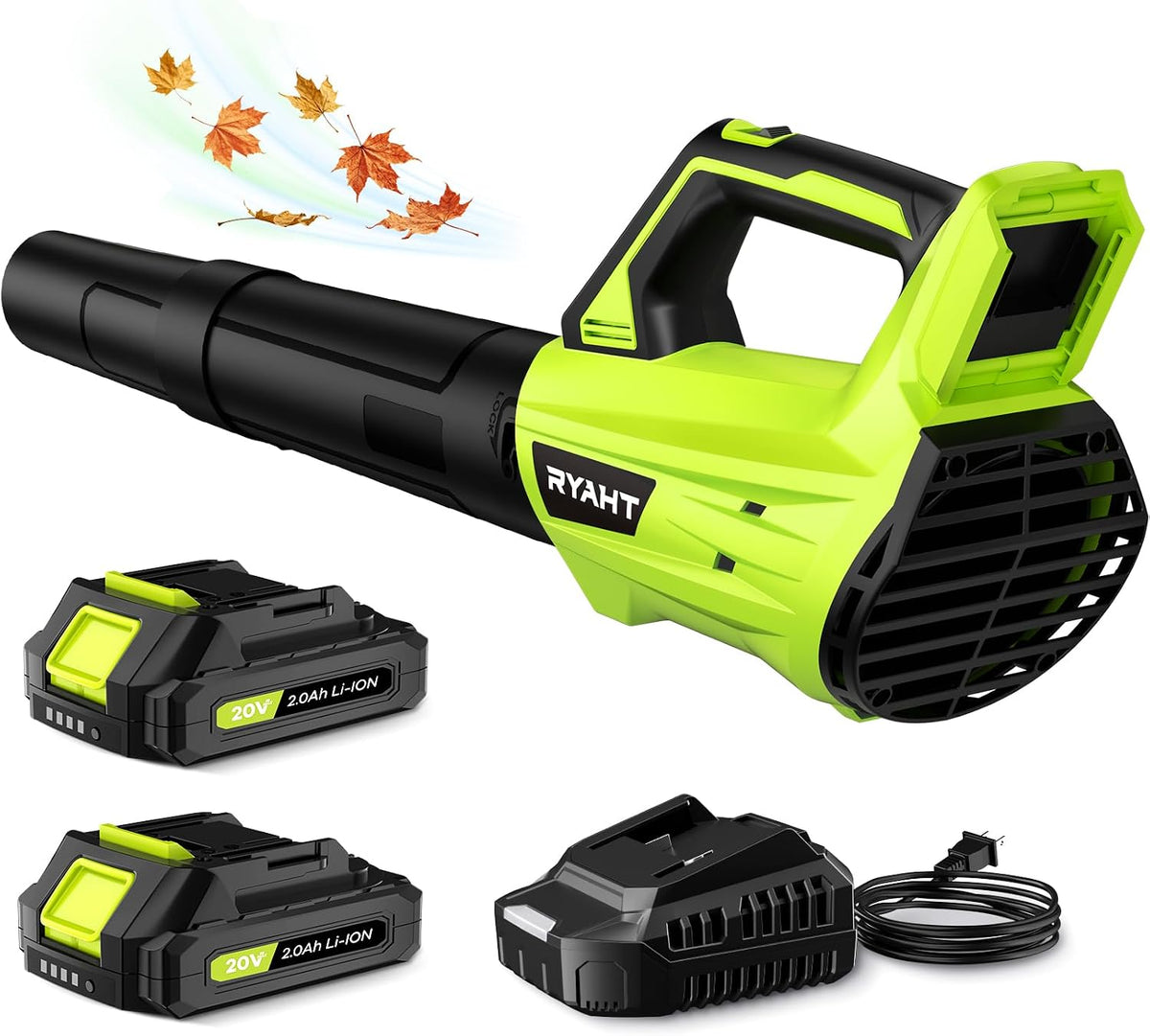 Leaf Blower Cordless, Leaf Blower with Battery and Charger - 2 Speed Modes, 2 Batteries, 20V Powerful Lightweight Electric Blowers for Blowing Leaves