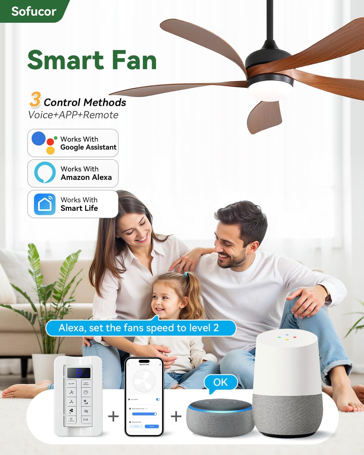 Sofucor 52 Inch Smart Modern Ceiling Fan with Light Indoor/Outdoor Brown | Alexa/Google Assistant/APP/Remote Control, Reversible DC Motor, Timer, 6