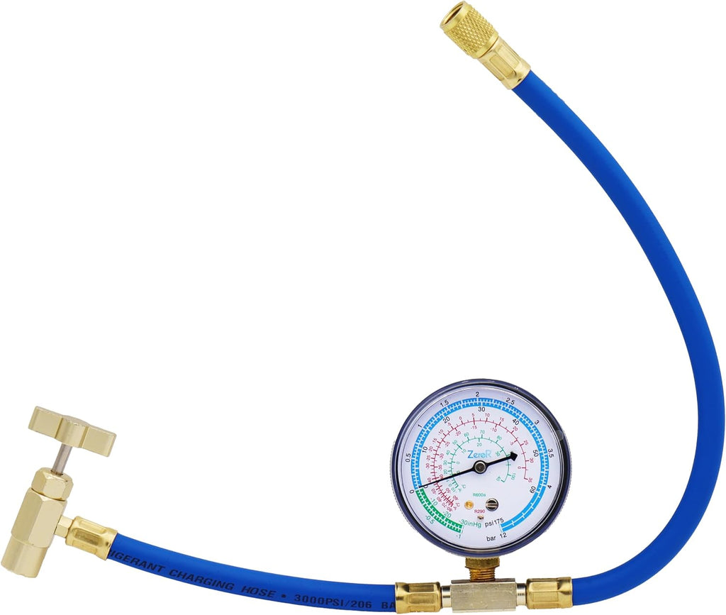 R290 AC Refrigerant Recharge Kit | 14" Hose Can Tap with Gauge | 3-8oz Cans