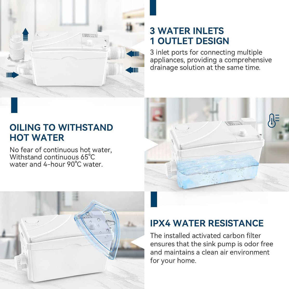 600W Utility Sink Pump with PCB Function Upgrade Structure Upflush to 25FT 1700GPH Under Sink Pump with 3 Water Inlets 1 Outlet Macerating Toilet
