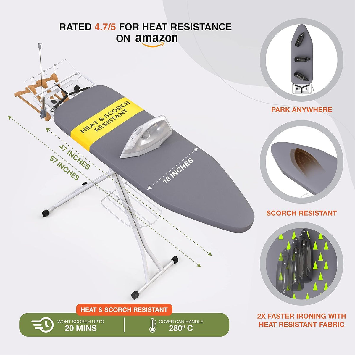 Ironing Board Extra-Wide 57" x 18" Foldable with Wall Hanger