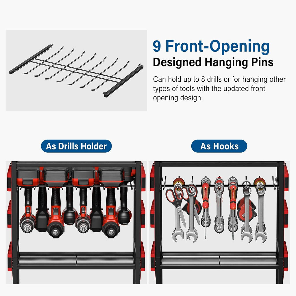 Power Tool Charging Organizer Cart, 8 Outlet 3 USB, 6 FT Cord, Red