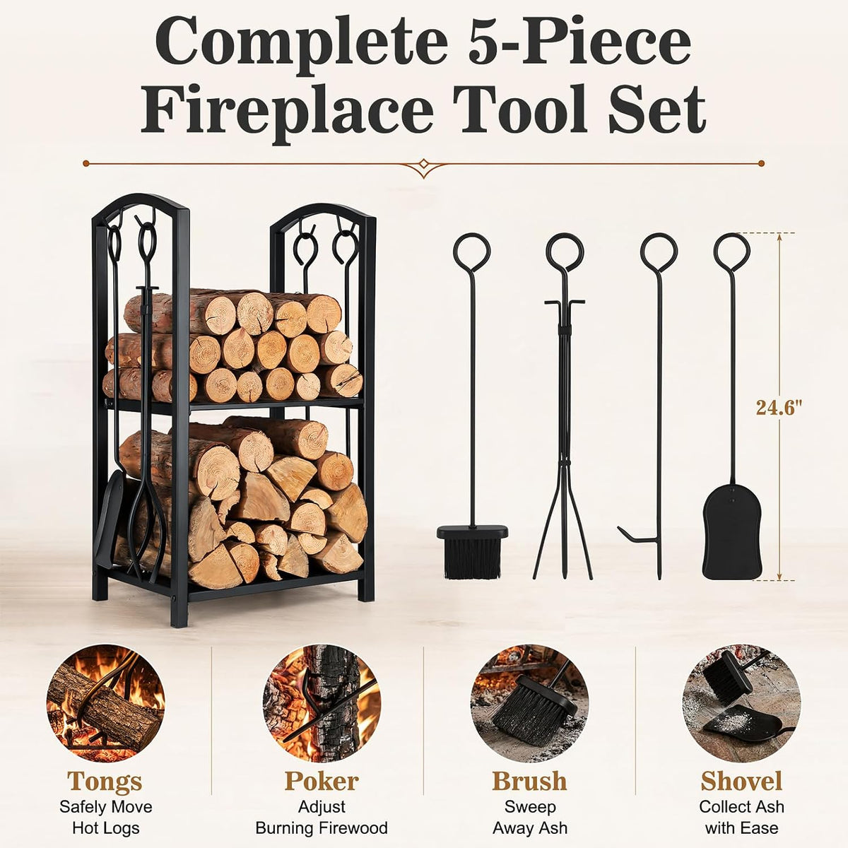 Firewood Rack Log Holder with 4-Piece Fireplace Tool Set, 29" H