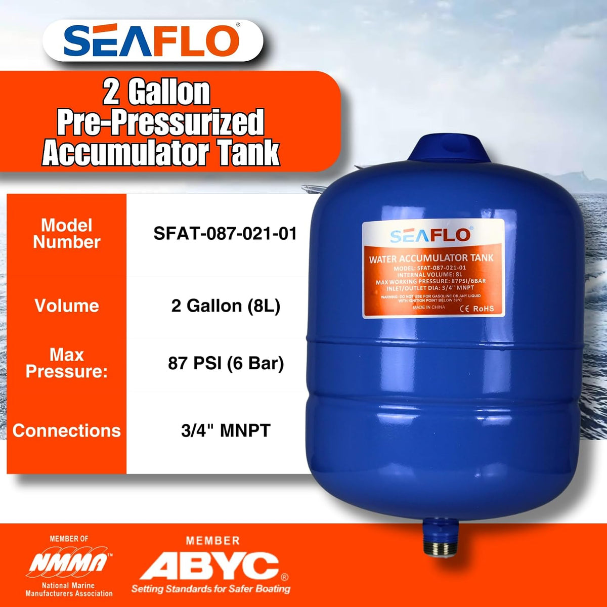 SEAFLO 2 Gallon Pre-Pressurized Accumulator Expansion Tank – Reduces Pump Cycling, Smooth Water Flow, 87 PSI, 3/4" MNPT, Compact Design for RV