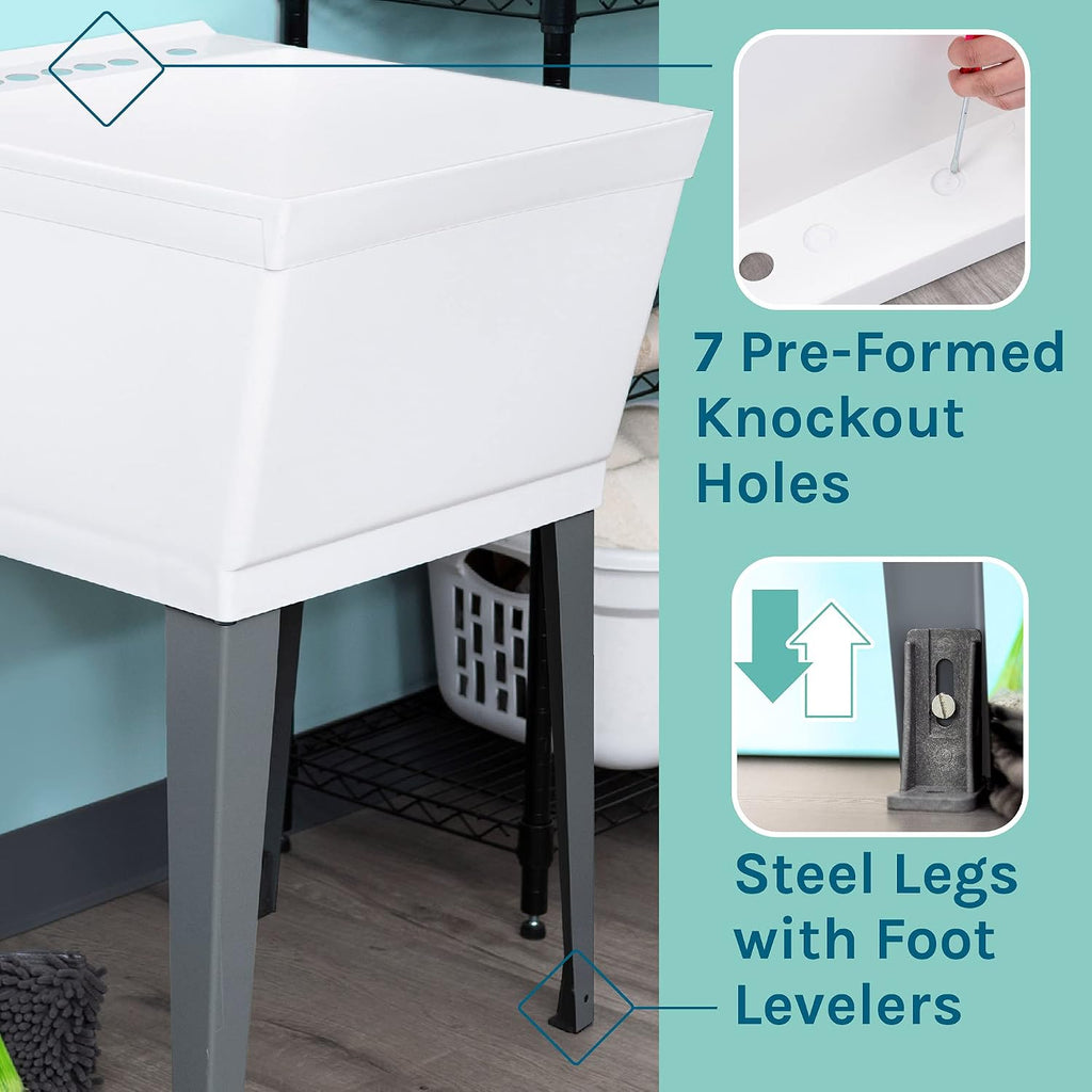 White Utility Sink Laundry Tub With Pull Out Chrome Faucet, Sprayer Spout, Heavy Duty Slop Sinks For Washing Room, Basement, Garage or Shop, Large
