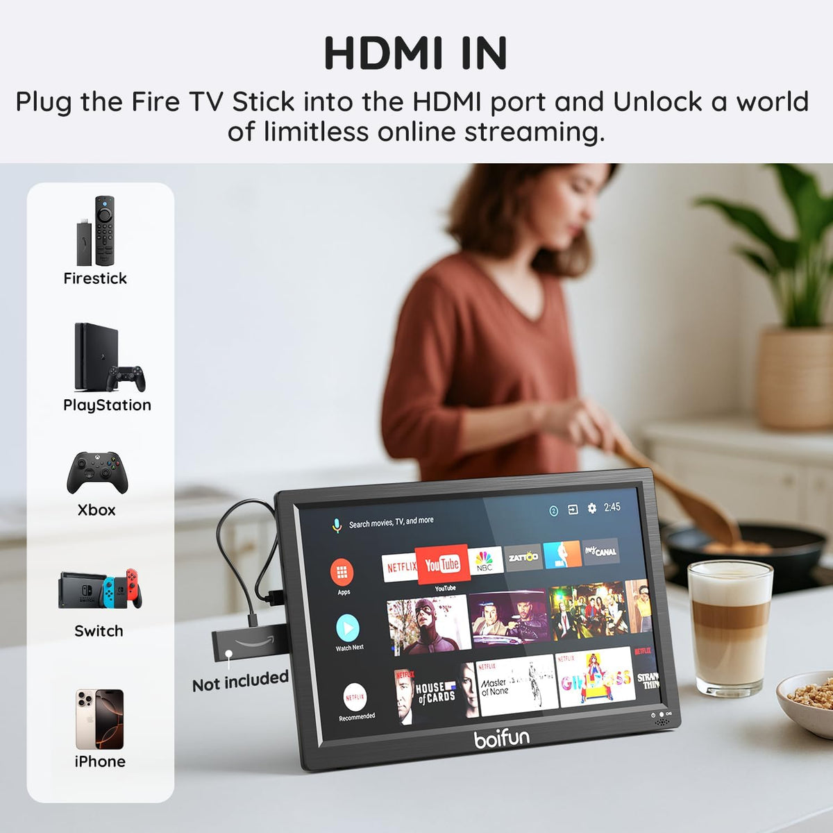 Boifun 15.6" Portable TV with Antenna, DVD Player Built-in, FM Radio, 5000mAh Battery, Support HDMI Input/USB/TF/AV Out and Multiple Disc Formats