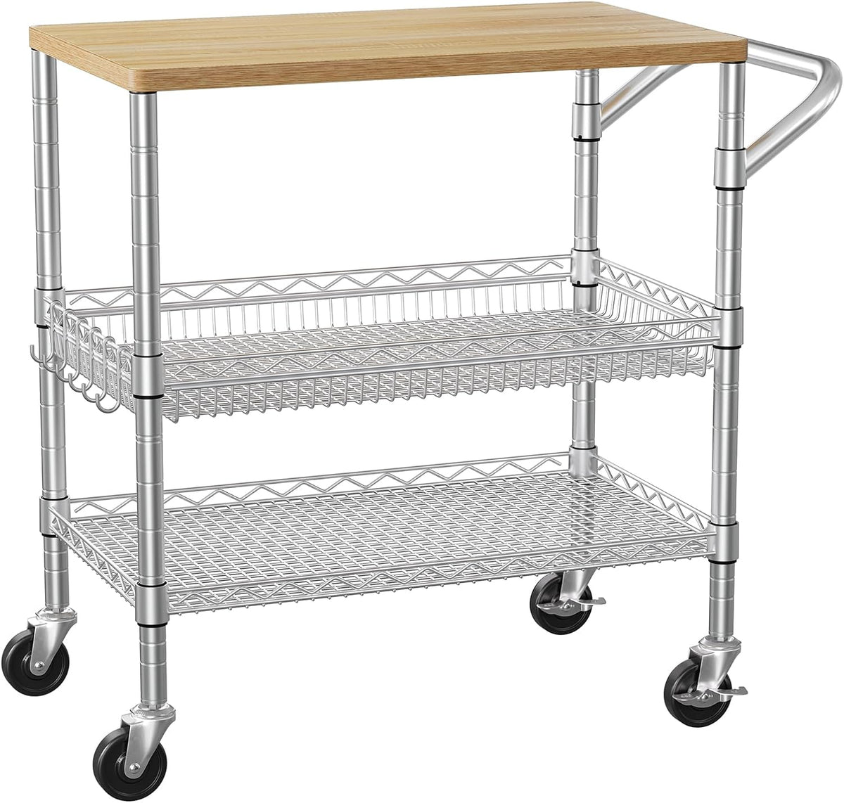 3 Tier Rolling Kitchen Carts on Wheels with Storage,650Lbs Heavy Duty Utility Carts with Wheels,Kitchen Island with Wood Tabletop,Metal Serving