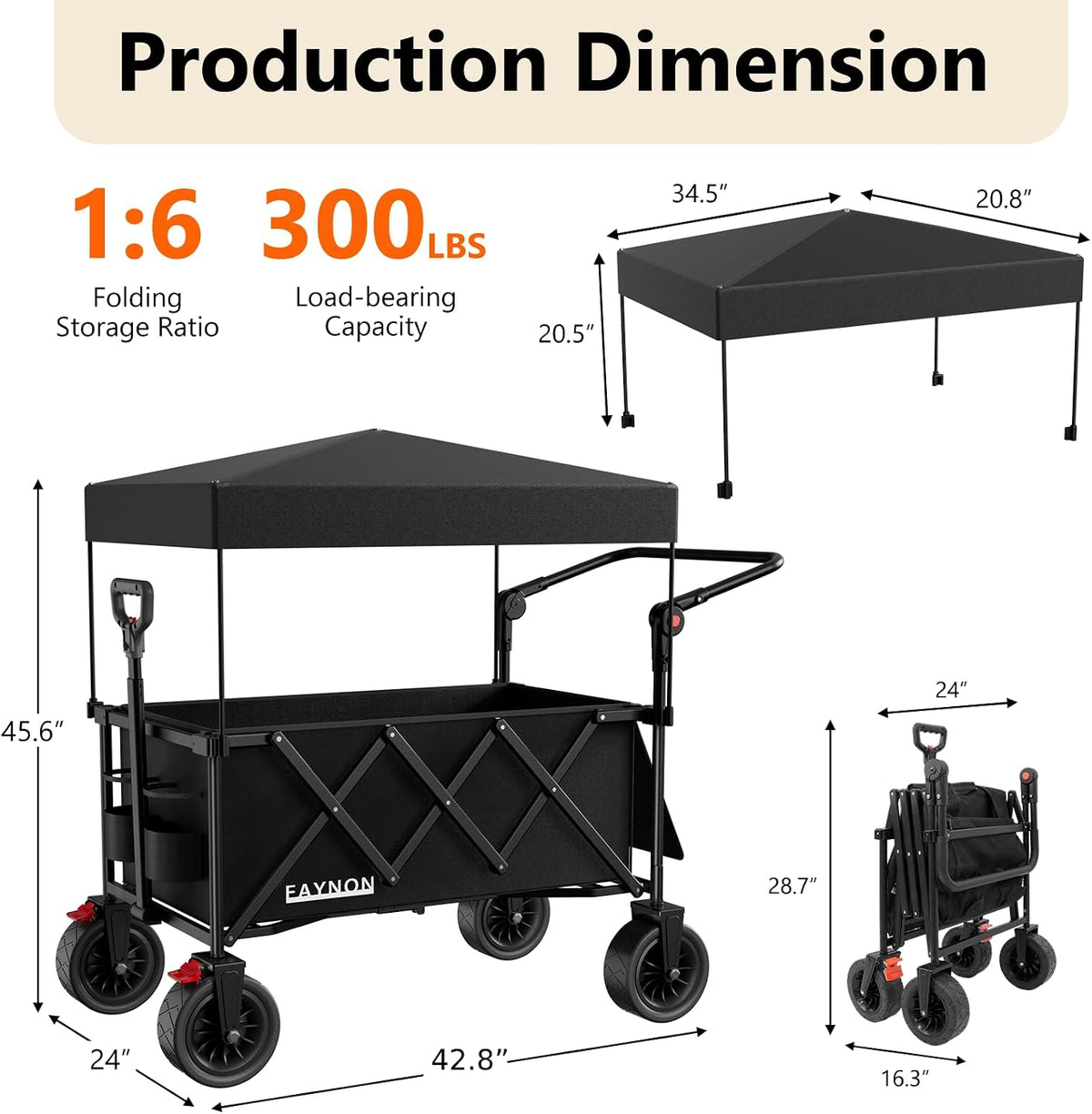 3 in 1 Collapsible Wagon with 300lbs Weight Capacity,150L Heavy Duty Utility Cart with Removable Canopy,with Big All-Terrain Beach Wheels & Drink