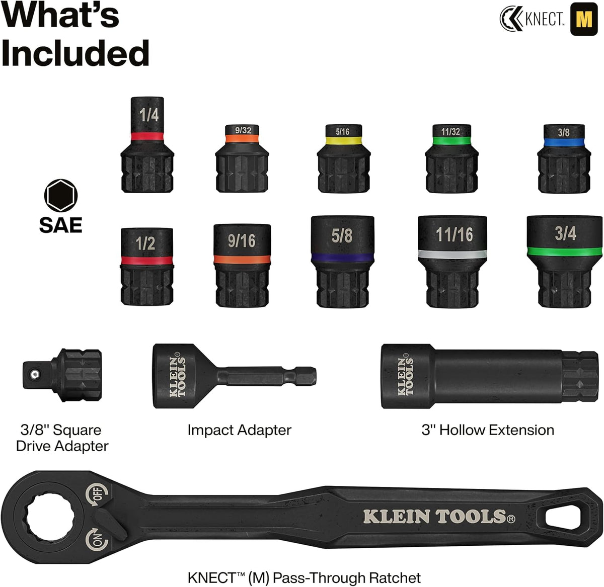 Klein Tools 65400 KNECT 15-Piece Pass Through Socket Set, SAE Impact Set with MODbox Case, Sockets, Bits, Accessories and 3/8-Inch Drive Adapter