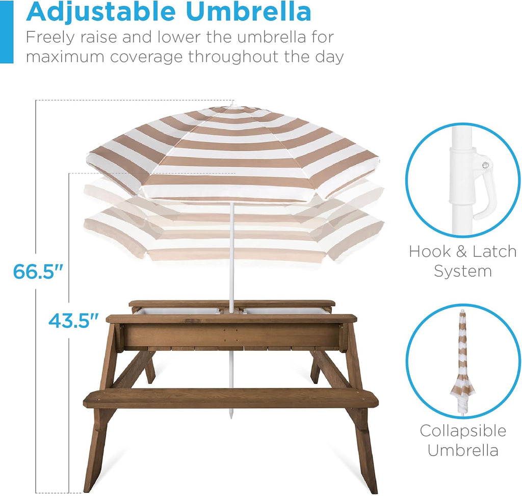 Best Choice Products Kids Picnic Table with Umbrella & Sensory Bins, Beige