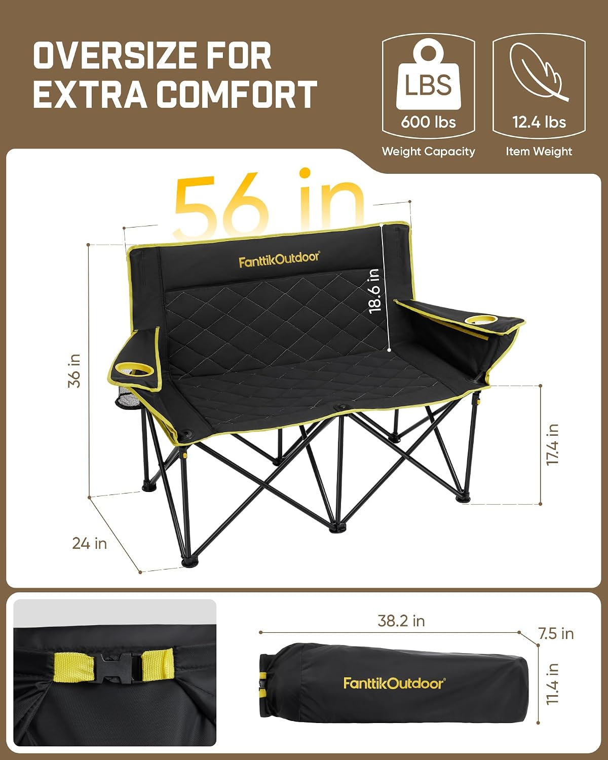 FanttikOutdoor Zeta L11 Duo Pro Double Camping Chair, 2 Person Portable Folding Couch, Up to 600 lbs, High Strength Loveseat with Cup Holder & Carry