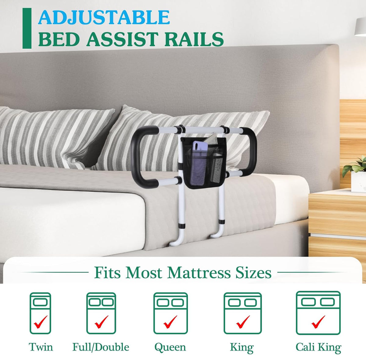 Bed Rails for Elderly Adults Safety - Extended Bed Assist Rail for Seniors - Adjustable Beds Side Rails Handle Support Bar Bed Guard with Storage Bag