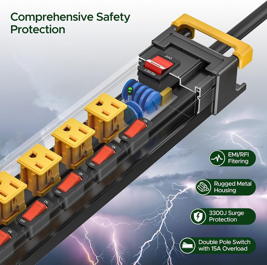 12 Outlet Heavy Duty Long Power Strip with Individual Switches