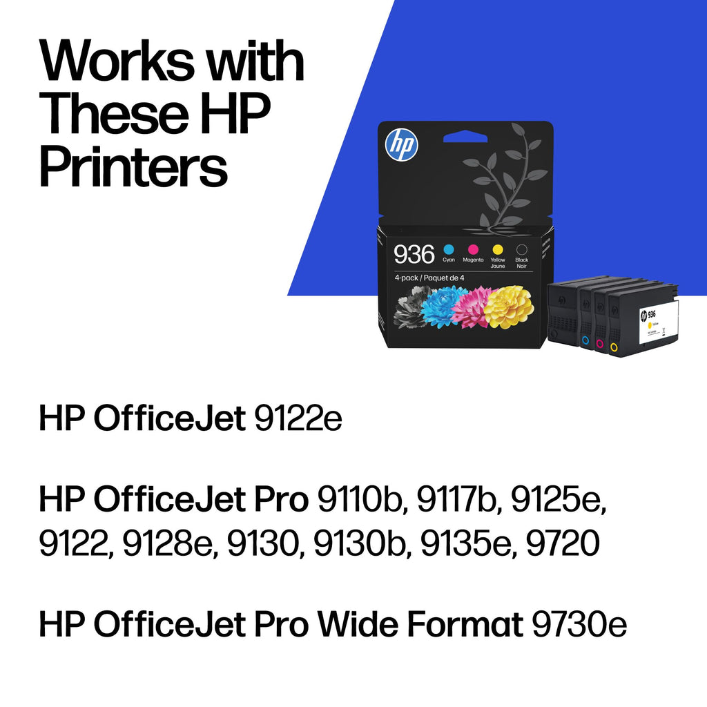 HP 936 Black, Cyan, Magenta, Yellow Ink Cartridges (4-Pack) | Works with OfficeJet 9120, Pro 9110, 9120, 9130, Wide Format 9730 | Eligible for
