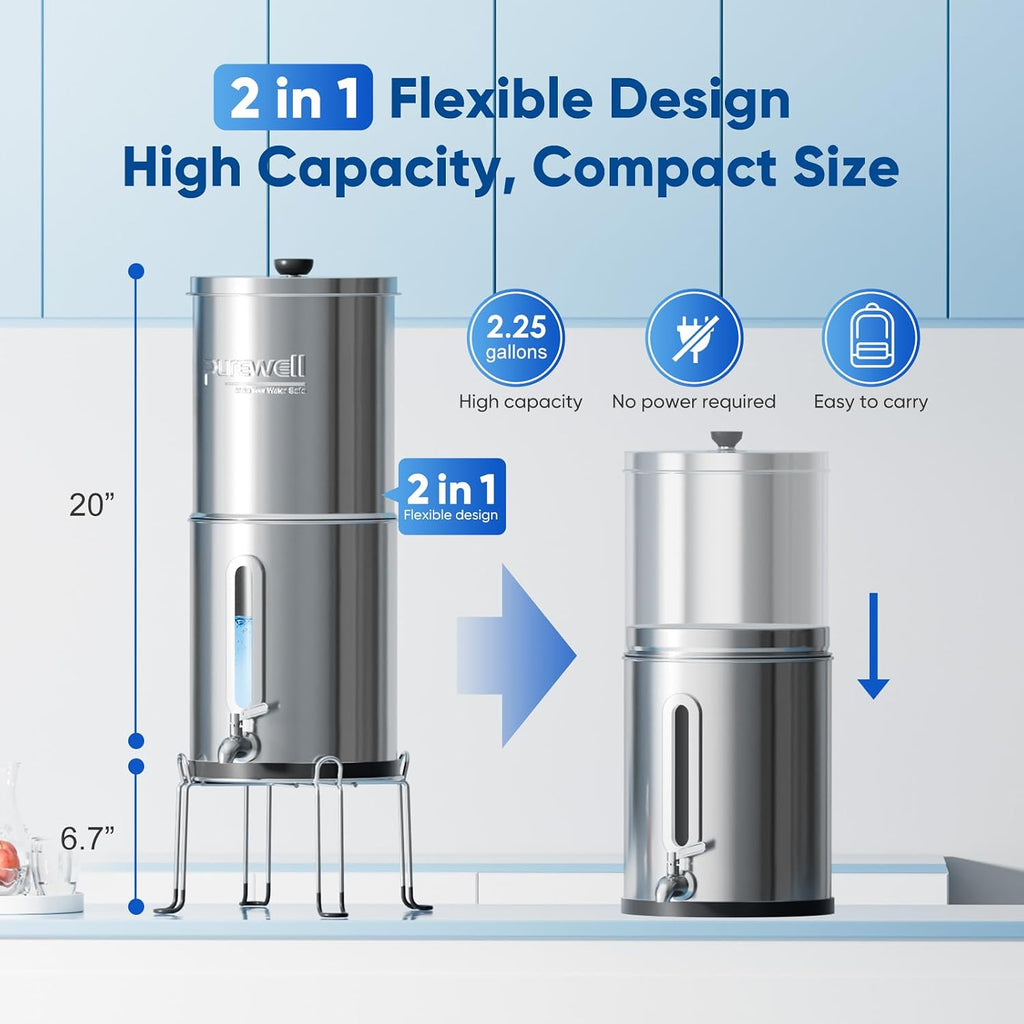 Purewell 2.25G Gravity Water Filter System with Water Level Window, 3-Stage 0.01μm Ultra-Filtration Stainless Steel Countertop System with 2 Filters