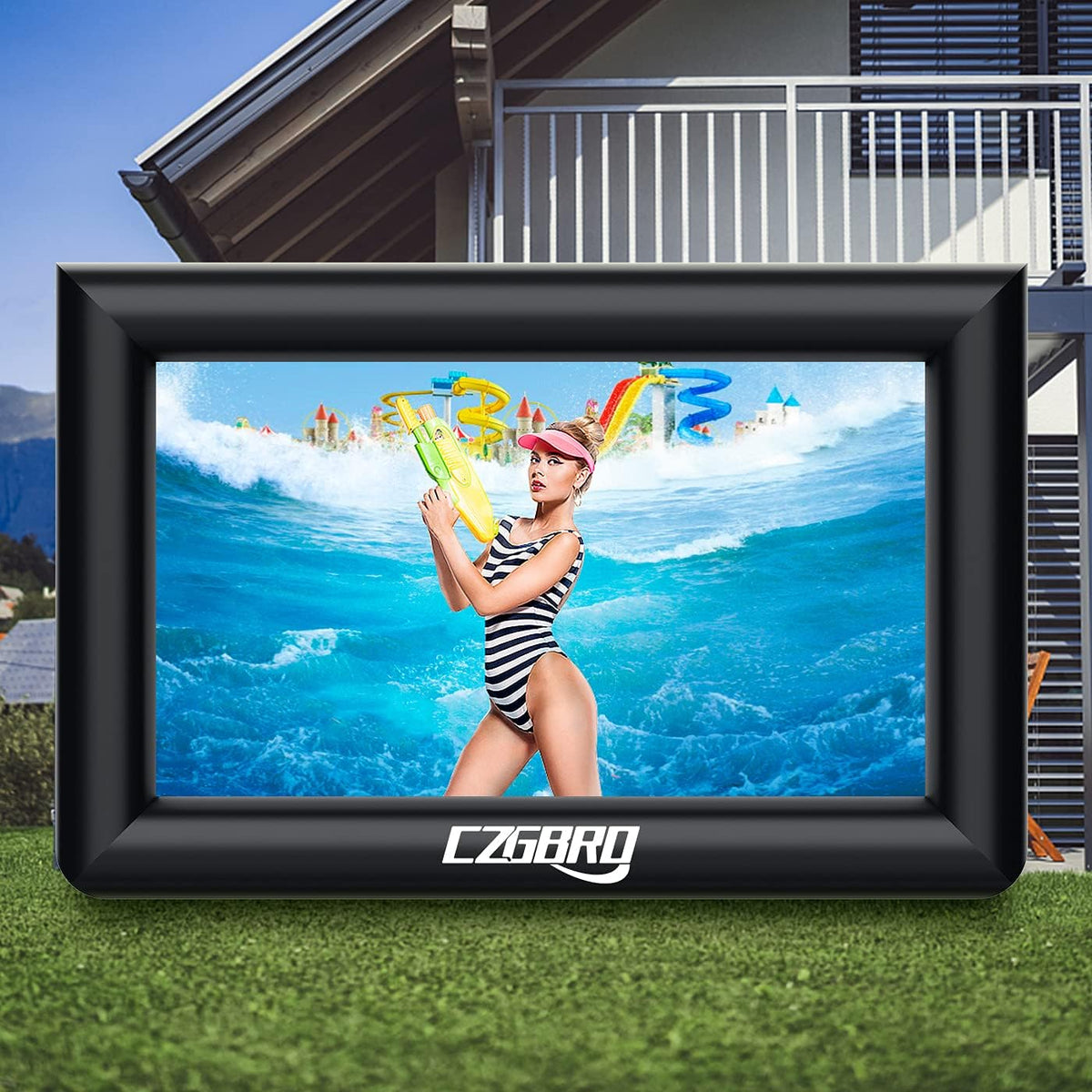 CZGBRO Inflatable Projector Screen, 14FT Outdoor Blow Up Movie Screen with Air Blower, Front & Rear Projection 16:9 One Piece Design, Inflatable