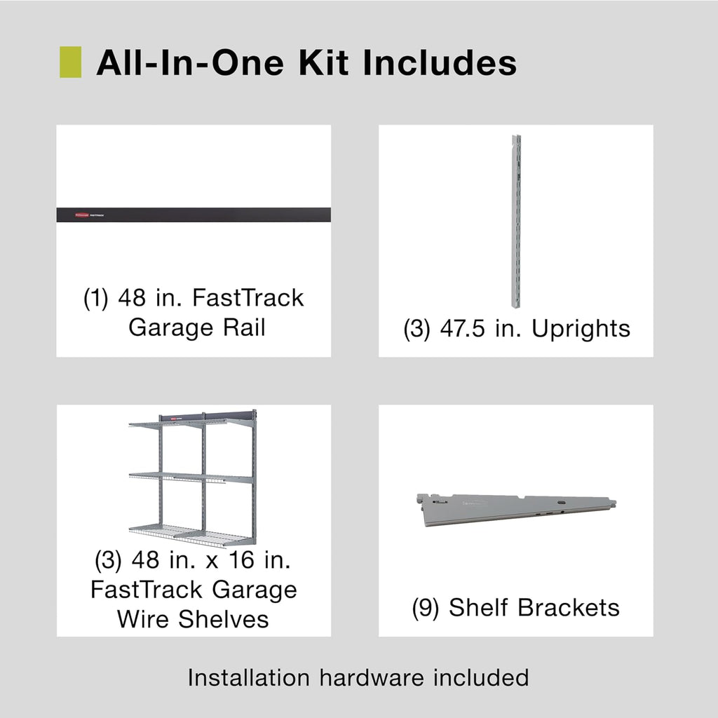 Rubbermaid FastTrack Rail Storage 48"x16" 3-Shelf Kit, 350 lbs. Per Shelf, for Home/Garage/Shed/Workshop Organization